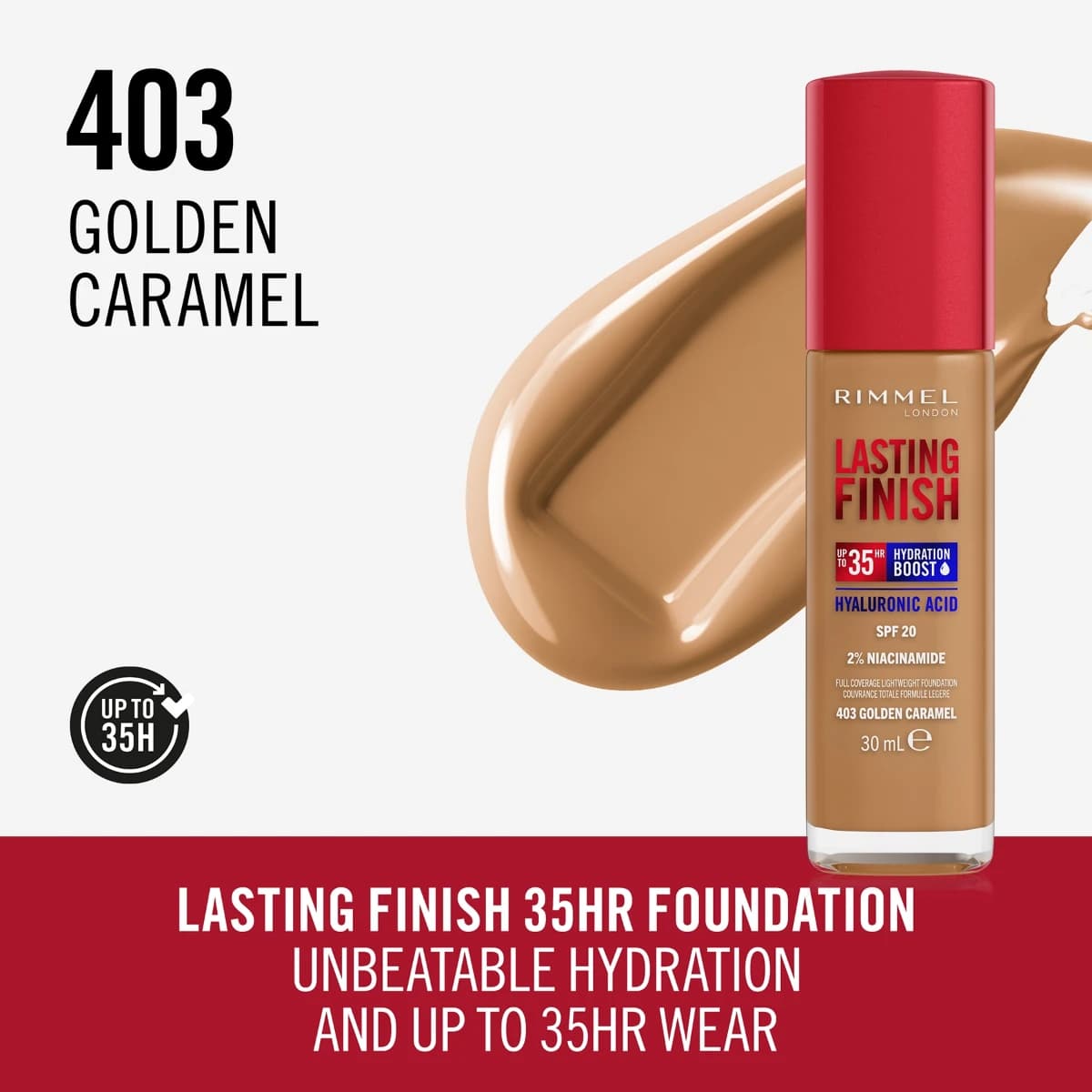 Rimmel, Lasting Finish, Foundation, With Hyaluronic, 403, Golden Caramel - 1 Pc (تصویر 1 از 2)